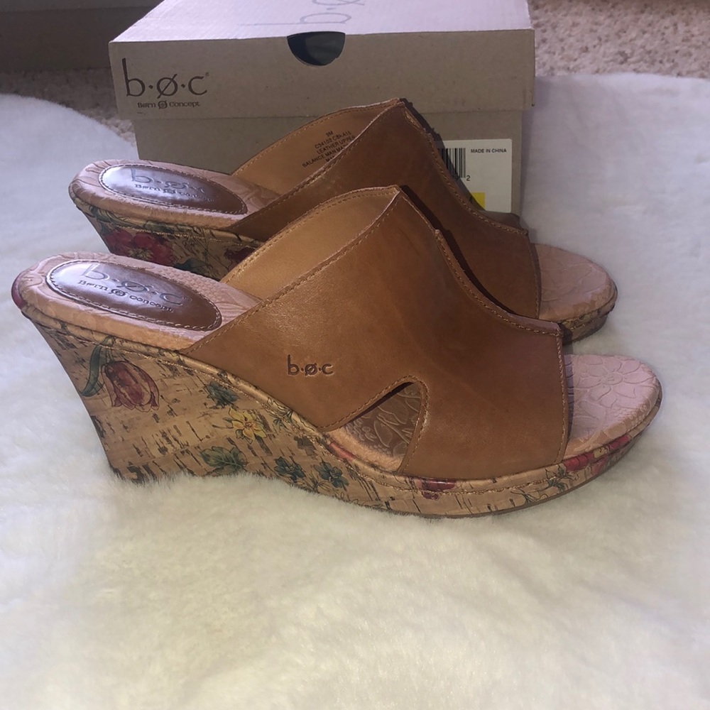 Born tan wedges with flower detailed heel